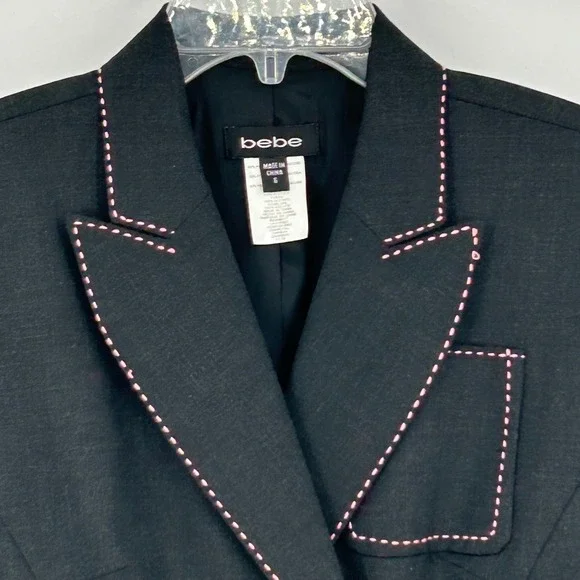 Bebe Womens Blazer 6 Charcoal Grey Pink Contrast Stitch Y2K Officecore Chic - Picture 2 of 9